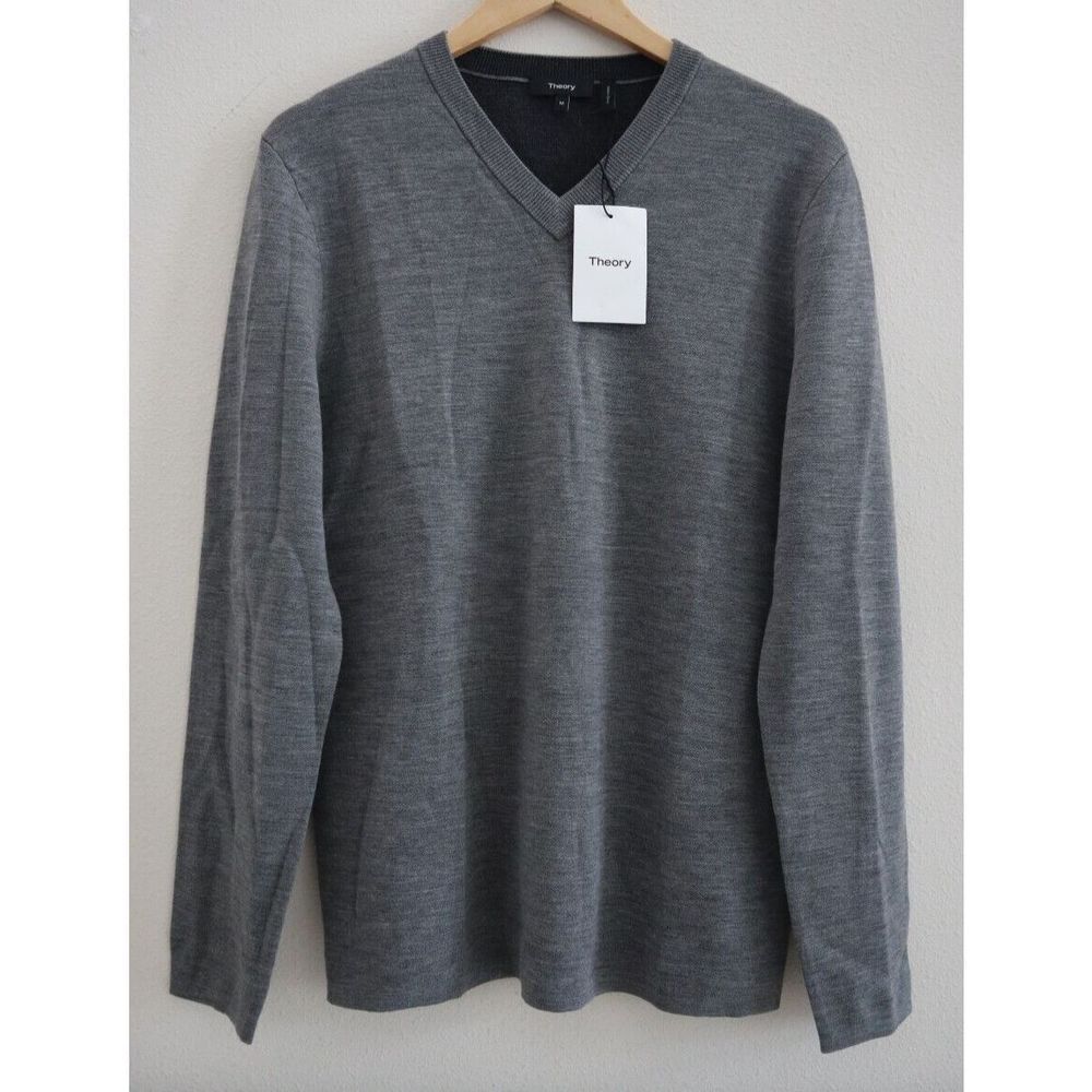 Theory K0881732 Men's Sz M Gray Arnaud Erhart Merino Wool V-Neck Sweater $285